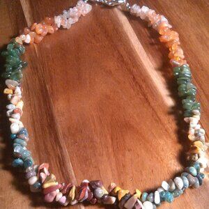 Vibrant Color Multi Gemstone Chips Platinum Bond Necklace